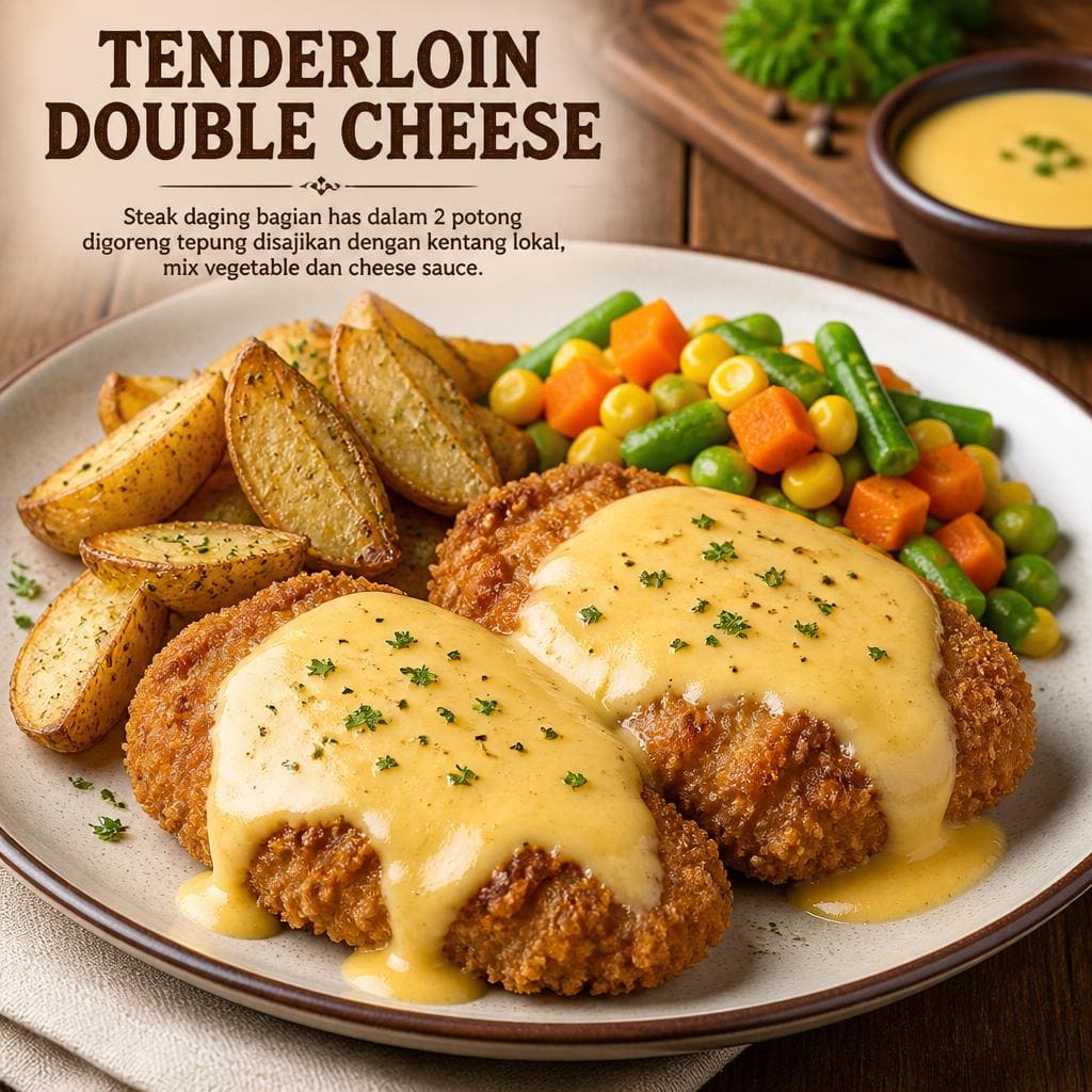 Tenderloin Double Cheese dengan dua potong steak daging sapi bagian has dalam dan saus keju